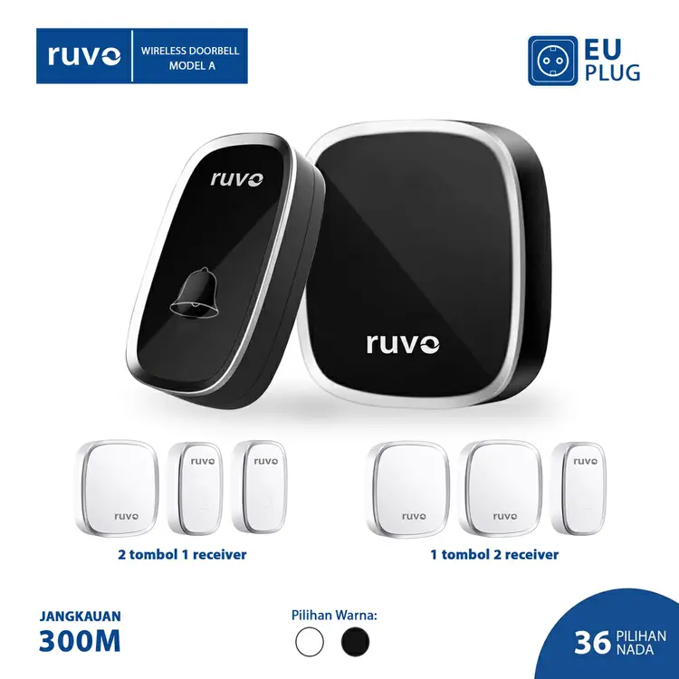 [SENSOR LEBIH KUAT] RUVO Tipe A Bel Alarm Rumah Kantor Wireless Door Bell 2 Tombol 1 Receaver /  1 Transmitter 2 Receiver Waterproof Free Baterai Bel Pintu Pagar
