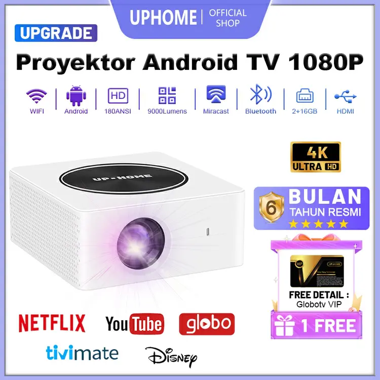 【NEW UPGRADE】UPHOME Proyektor Android TV 1080P HDMI 9000 Lumen Smart Projector Android 13.0 Ram 2G Rom 16G Home Theater Proyektor Mini Portable / Proyektor Android 4k Full Hd