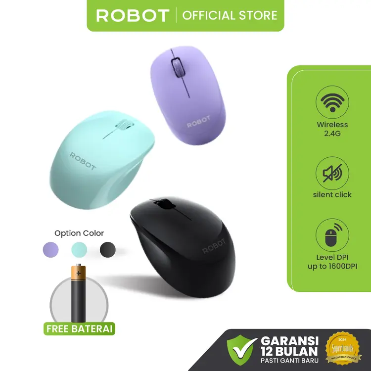 ROBOT Mouse Wireless Laptop Silent Klik M210S Nano Receiver 2.4G Optical USB Original Garansi Resmi 1 Tahun
