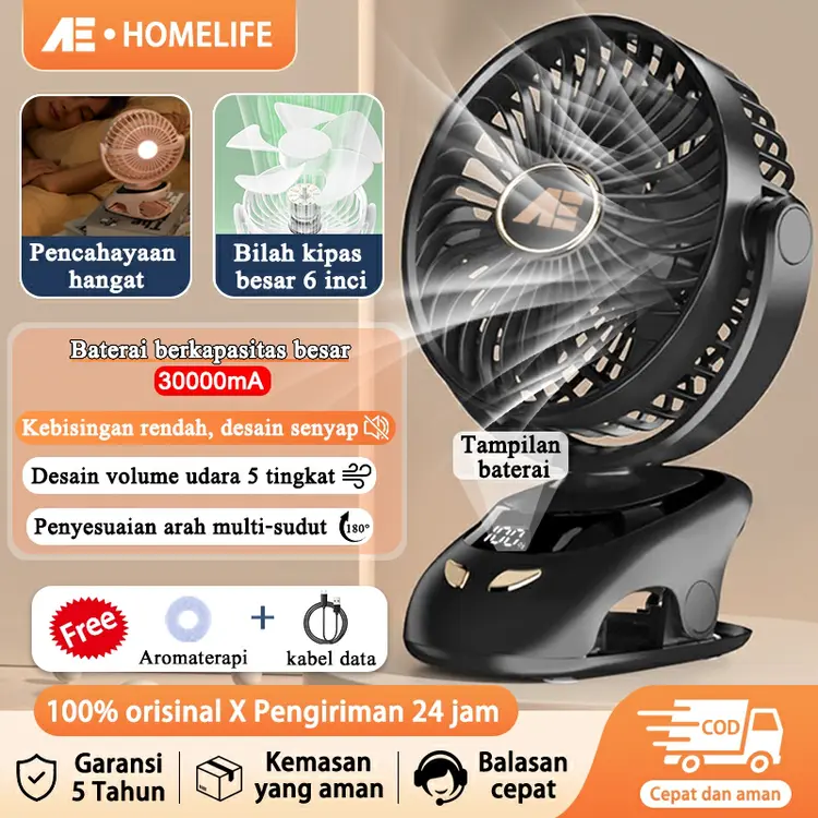 AE Kipas Angin Portable Mini 30000mAh Jepit Meja Usb Mini Fan Aromaterapi LED Display Kipas