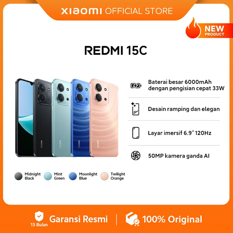 Xiaomi Redmi 15C (6GB/128GB) (8GB/256GB) | Baterai besar 6000mAh dengan pengisisan daya 33W | Desain ramping dan elegan | Layar Imersif 6.9" 120Hz | 50 MP kamera ganda AI [Offical Store]