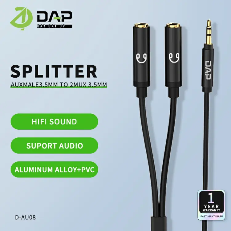 DAP D-AU08 Audio Splitter Jack 3.5mm Male to 2 Female Jack 3.5mm Support Listen - Garansi 1 Tahun