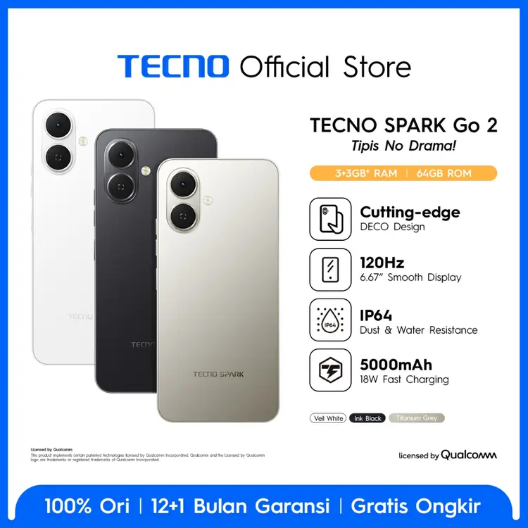 TECNO SPARK Go 2 3GB+3GB*/64GB, IP64, 6.67" HD+, 120Hz Smooth Display, 5000mAh, 18W Charging, Freelink Communication, Android 15-go, sparkgo2