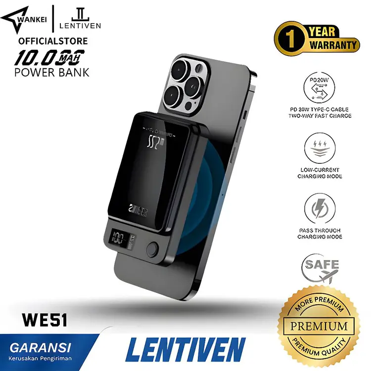 WANKEI LENTIVEN Powerbank 10000mAh Mini Fast Charging Wireless Magnetic Magsafe Led Display