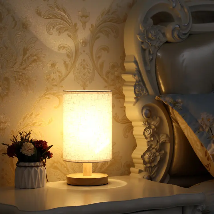 UPHOME Lampu Tidur Led Wireless Remote Control 3 Color Lampu Wood Meja Hias Kain LED Lampu Vintage Gaya Jepang Lampu