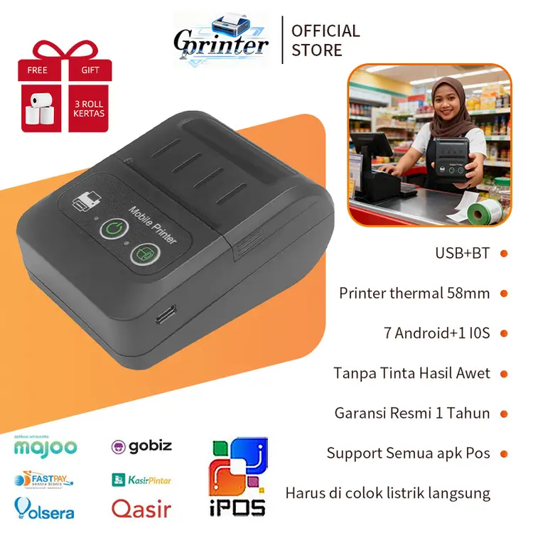 PRINTER KASIR 58mm Printer Thermal alat print resi support Android/ios/Windows Bluetooth +USB free gift 1 rol kertas