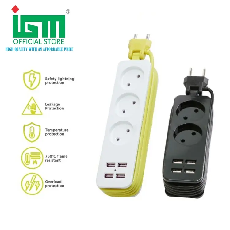 IGM-Portable Stop Kontak Traveling Travel - 2/3 Colokan Lubang Socket EU AC + 4 USB Port Kepala soket steker bercabang dua putaran Standar Eropa 2 dengan soket