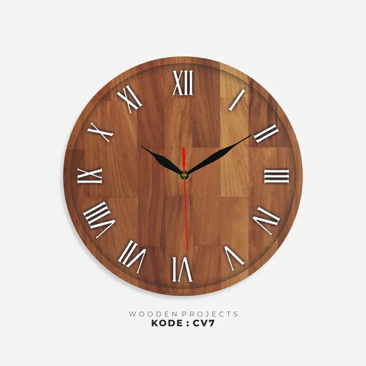 Wooden Projects Jam Dinding Rumah Motif Kayu Angka Romawi Japandi Decor Style  - CV7