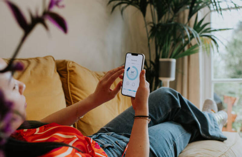relaxed-woman-reclines-on-a-sofa-and-uses-a-thermostat-app-on-her-smart-phone-to-control-the.jpg (612×398)