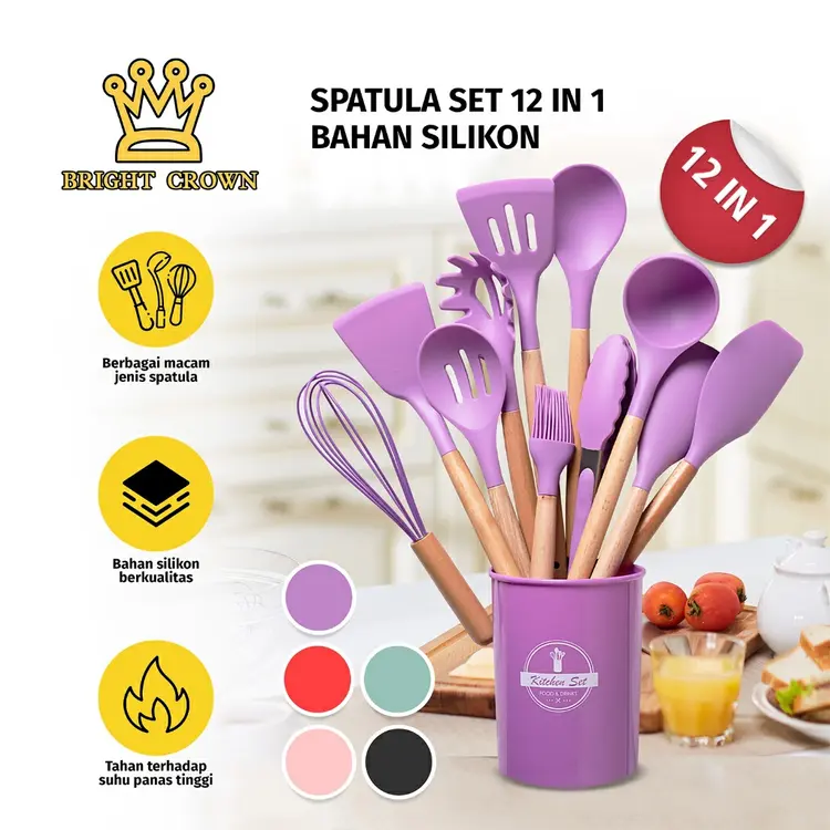Bright Crown Spatula Silicon Sutil Silicon Dapur Peralatan Masak 12in 1Set Silikon Spatula Set