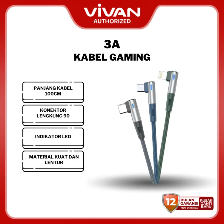 VIVAN Kabel Data Type C/Lightning/Micro USB Kabel Fast Charging Gaming Siku 2.4A/3A - 1M - Garansi 1 Tahun - BWC100S/BWL100S/BWM100S