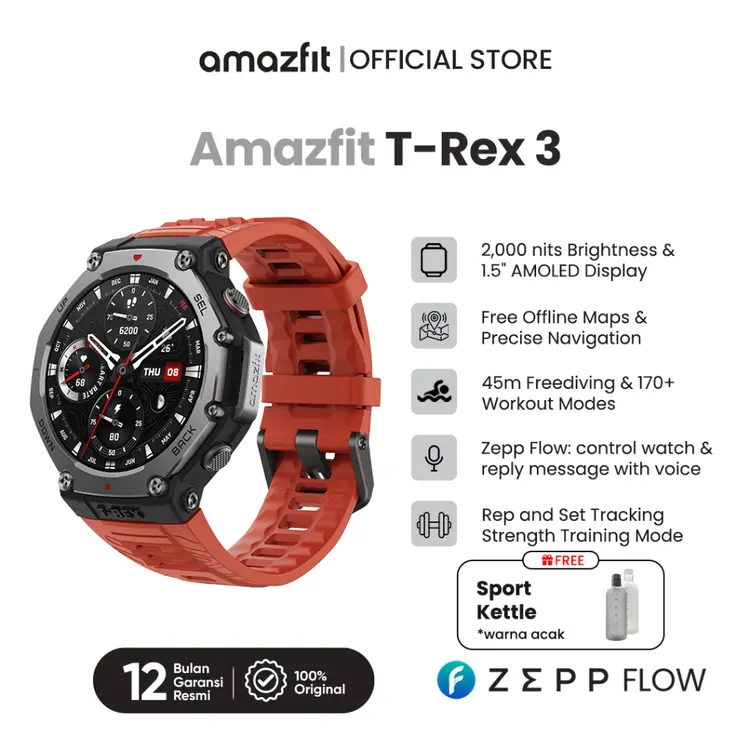 Amazfit Official (Pilihan Resmi! gratis 3 hadiah)T-Rex 3 48mm | Baterai Hingga 20 Hari | 177 Mode Olahraga | Jam Tangan Pria Anti Air | Jam Tangan Wanita Anti Air | Smartwatch Pria & Wanita |Smartwatch Pria Original Jam Tangan Smartwatch Sporty Waterproof