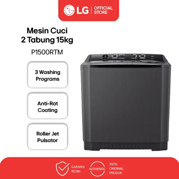 LG Mesin Cuci Twin Tub 15kg - Top Load Roller Jet Pulsator 3 Program Pencucian Wind Jet Dry | P1500RTM