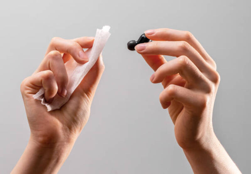 Hands cleaning earphones, earbuds with wet cloth, antibacterial wiper Hands cleaning earphones, earbuds with wet cloth, antibacterial wiper. cleaning earphone stock pictures, royalty-free photos & images