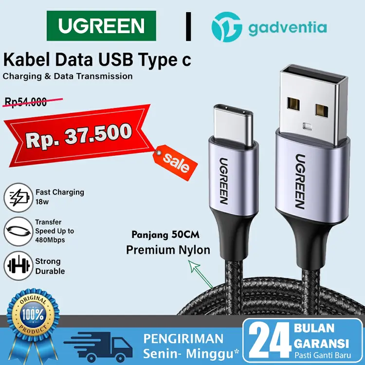 [ LIVE ] UGREEN Kabel Charger Pendek USB To Type C 18W Fast Charging Cable Transfer Data 3A Huawei Samsung Oppo Vivo 50cm