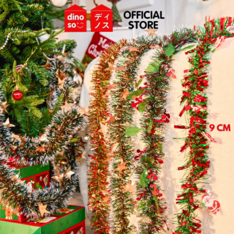 DINOSO Slinger Rumbai Natal Tebal Hijau Slinger Warna Warni Motif Lonceng Santa Salju Hiasan Dekorasi Rumbai Untuk Pohon Natal