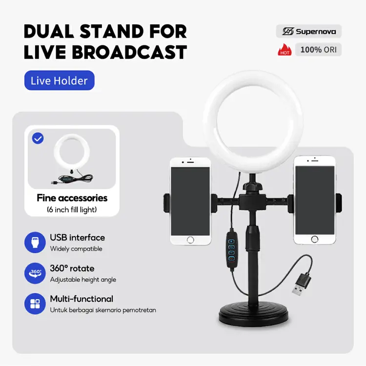 Supernova Ring light 16cm + Tripod + 2 Holder HP Ring light Tripod Mini Stand HP Live stream