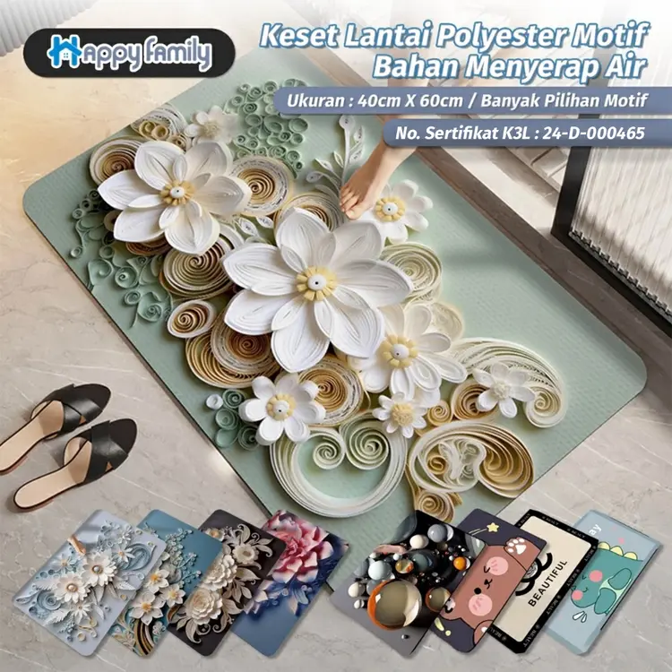 (HF) Keset Lantai Motif 3D Modern Polyester Anti Slip Cepat Serap Air 40x60CM Keset Kamar Mandi