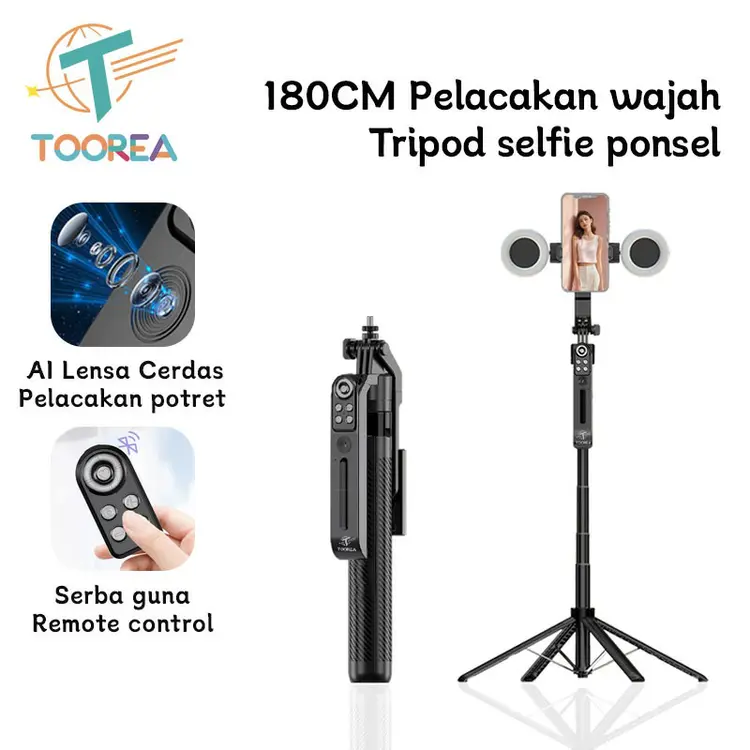 TOOREA Pelacakan Wajah Otomatis Tripod Selfie Stick 1.8m Gimbal Handphone Stabilizer 360° Stand 4-leg Tongsis dengan LED LAMPU Ganda Auto Face Tracking Tripod