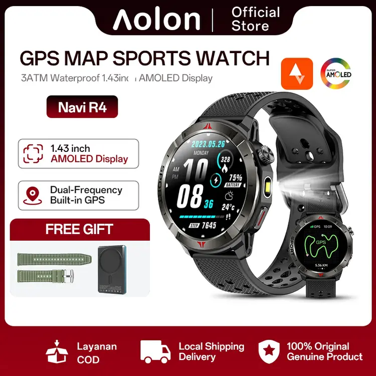 【Gift Strap】Aolon Navi R4 New Smartwatch Dual GPS 6-satellite Positioning Track Map Compass Altitude IP68 Waterproof Smart Watch Esportivo