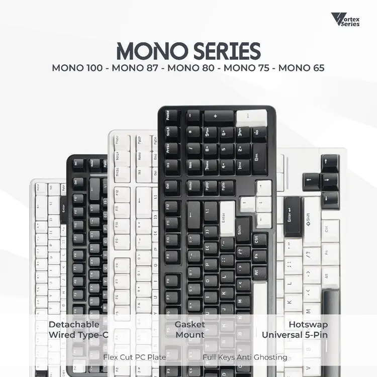 VortexSeries MONO SERIES Wired Gasket Mount Mechanical Keyboard 65 75 87 / TKL 100 Layout | Hotswappable Universal 3 - 5 Pin
