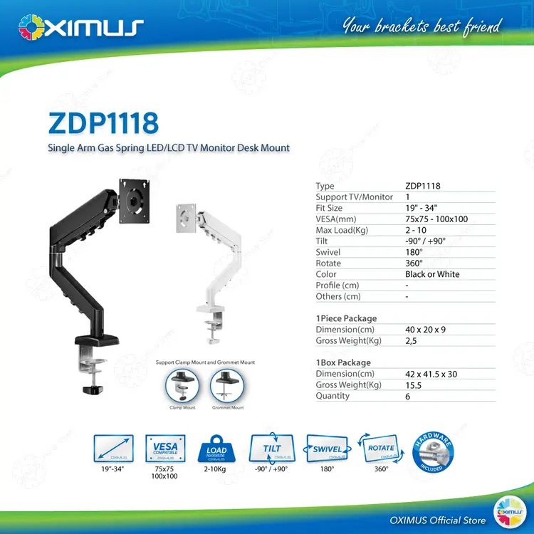 BRACKET TV LED LCD MONITOR GAS SPRING OXIMUS ZDP1118 1118 TILT SWIVEL