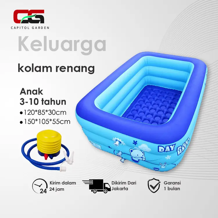 【Dikirim Dari Jakarta】Kolam Renang Karet Anak Kolam Renang Anak Keluarga Besar Family Pool Jumbo Anak 1.5 Meter Rectangular Jumbo Biru Dengan Pompa Injak