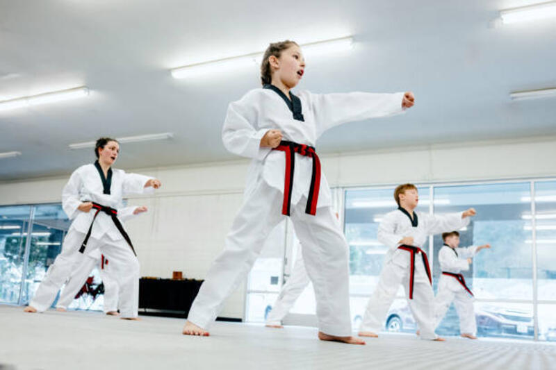 Taekwondo Class and Presentation A mixed age and gender Taekwondo martial arts class practices forms for a black belt presentation. dobok taekwondo stock pictures, royalty-free photos &amp; images