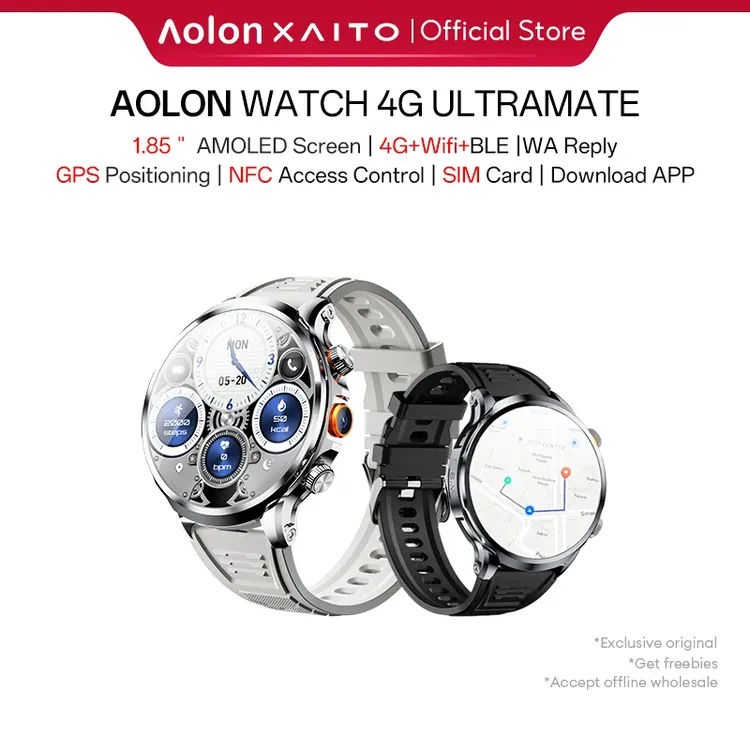 Aolon 4G UltraMate Smartwatch 1.85 Inch NFC Access Control WiFi Download App WA Reply AMOLED Screen GPS Jam Tangan Pintar Android