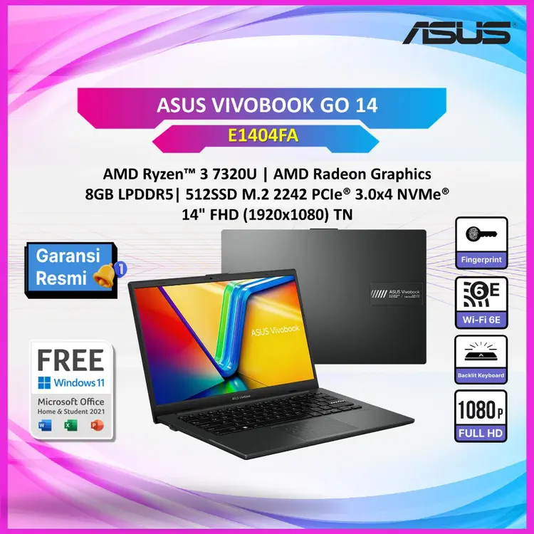 ASUS VIVOBOOK GO 14 E1404FA AMD RYZEN 3 7320U 8GB 256GB / 512GB SSD Win11+OHS 14" FHD BLACK/SILVER/GREY