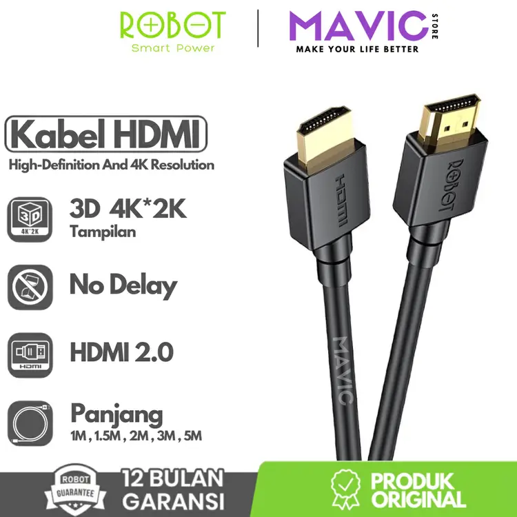 ROBOT Kabel HDMI 2.0 Cable High Definition No Delay 3D 4K*2K HDTV LCD Projector 1M 1.5M 2M 3M 5M / RFH01 RFH02 RFH03 RFH015 RFH05 - Garansi Resmi 1 Tahun
