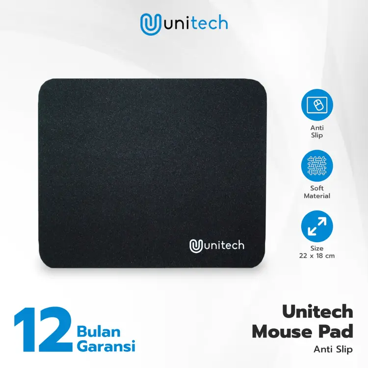 Mousepad Kantor Polos Hitam Anti Slip -  Alas Laptop & PC | Ukuran 22 x 18 CM | Unitech