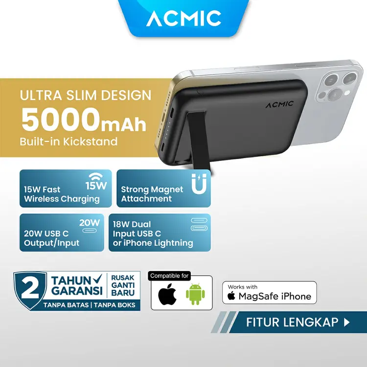 ACMIC MAGBANK 5000mAh Powerbank Magsafe Wireless 20W Fast Charging for iPhone