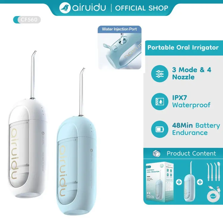 Airuidu 150ML Water Flosser CF560 Pembersih Karang Gigi (3 mode + 4 nozel) IPX7 Waterproof Mini Water Floss Electric Oral Lrrigator Portable Pembersih Gigi for Travel
