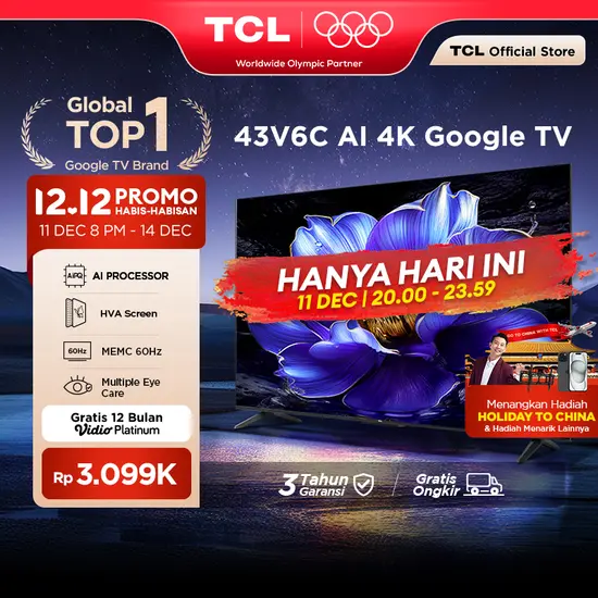 TCL AI 4K Google TV 43 inch V6C - MEMC - HDR 10 - HVA Panel - Dolby Audio - Google Play/Netflix/Youtube/Disney+Hotstar -  Smart Android 40 LED Digital Promo Murah (Model: 43V6C)