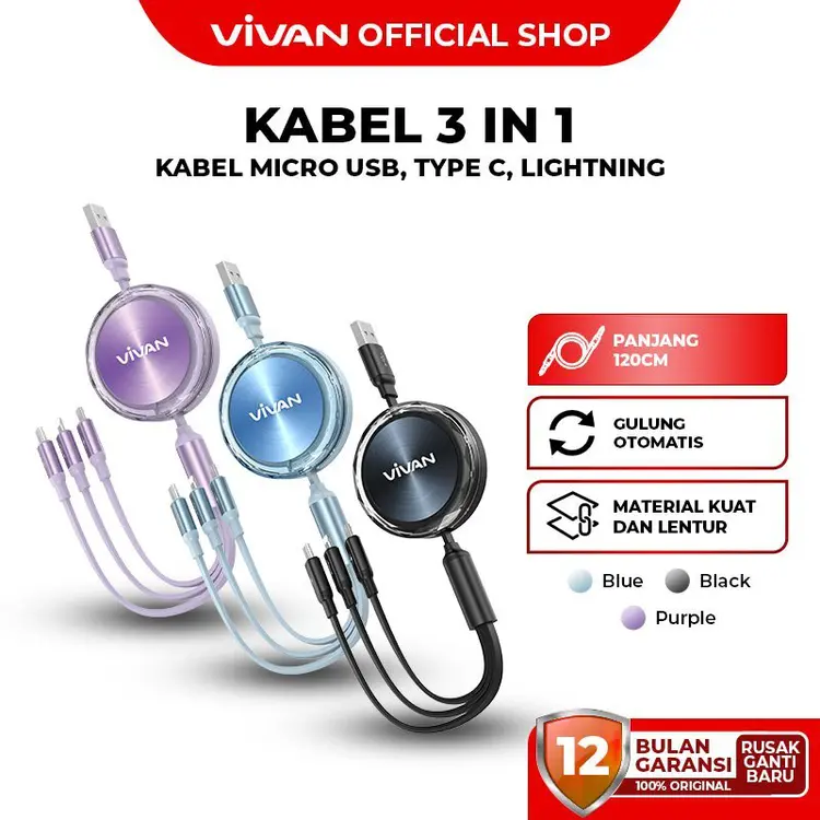 VIVAN Kabel Data 3 in 1 Fast Charging 6A 66W Micro USB, Lightning, Type C VRS03 Garansi 12 Bulan