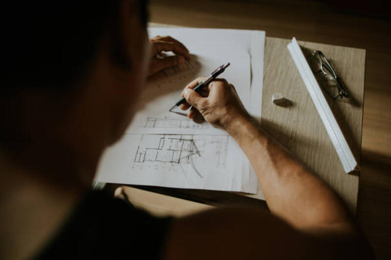 Artchitect Freelancer man drawing and designing home Close-up of Architect designer man while sketching and design house for the customer, Bangkok Thailand sketching stock pictures, royalty-free photos &amp; images