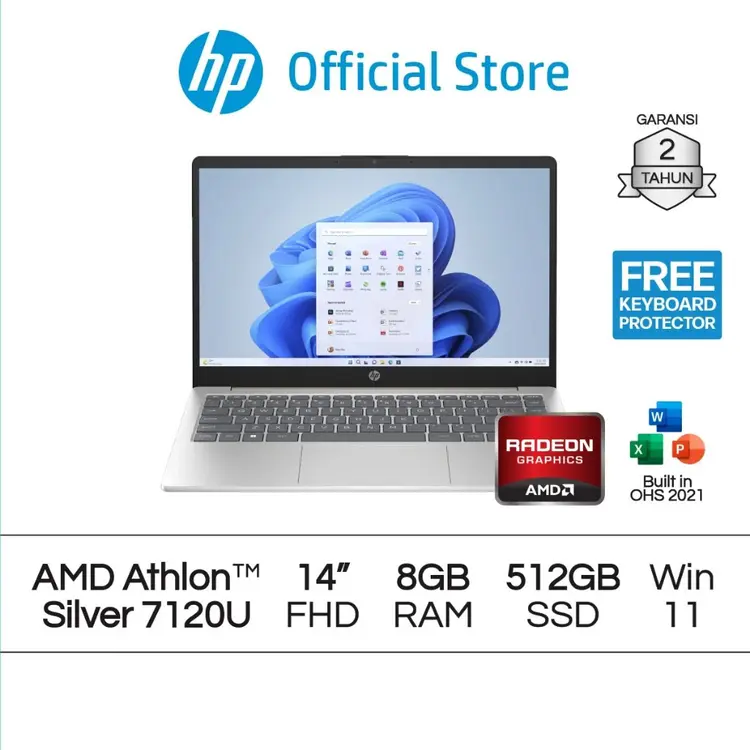 Laptop HP Athlon Silver 7120U AMD Radeon 8GB RAM / 512GB SSD / Windows 11 Home / 14 Inch FHD IPS / Backlight Keyboard / Garansi 2 Tahun Promo Murah Gratis Ongkir Official Non Second