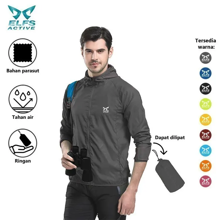 ELFS ACTIVE Jaket Training Olahraga Pria Size M - XXL Foldable Parasut Water Resistant Windbreaker LIPAT-AT