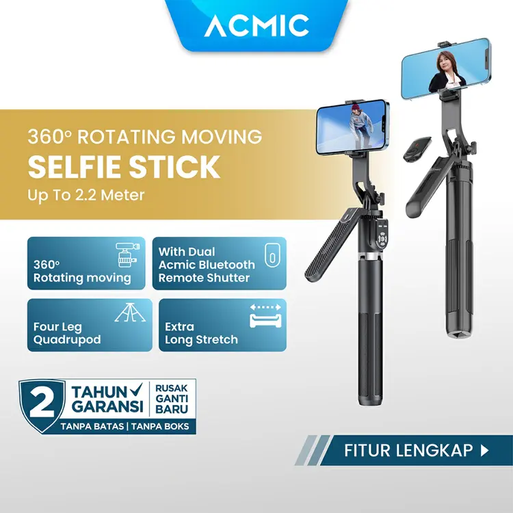 [New Launch] ACMIC QR18 | QR22 360° Rotating Moving Tongsis Tripod Quadpod 4 Kaki Bluetooth Remote Selfie Stick 1.8M | 2.2M (180CM | 220CM)