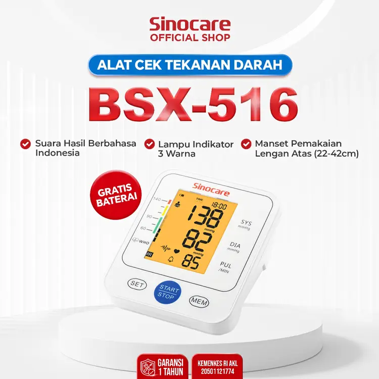 Sinocare BSX516 Tensimeter Alat Cek Tensi Darah 3 Warna & Suara Bahasa Indonesia Monitor Tekanan Darah Digital Akurat