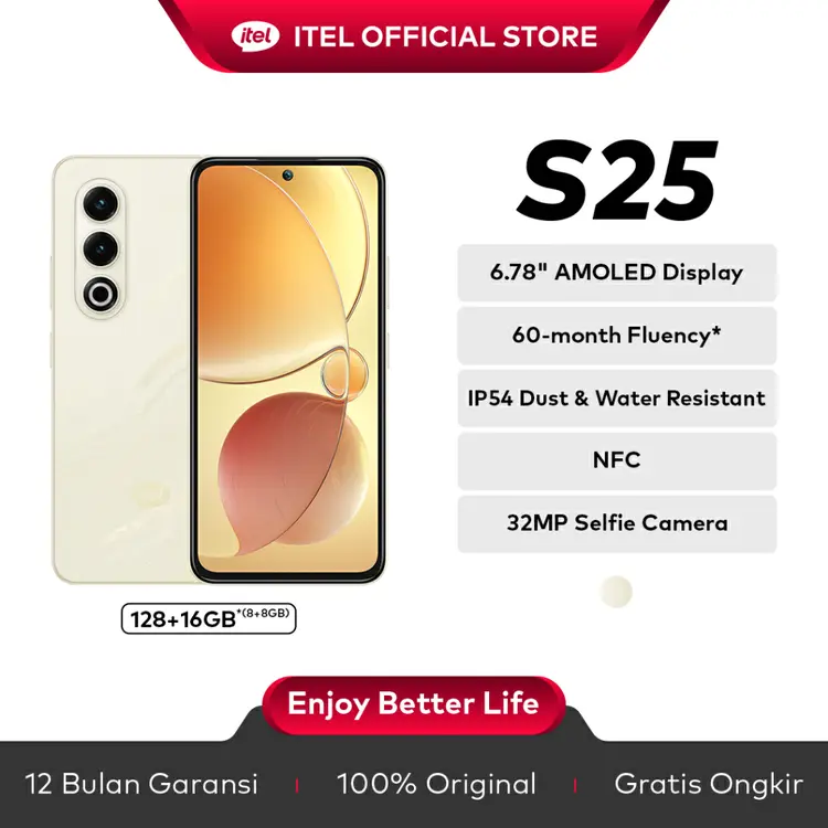 itel S25 RAM 8+8/128GB - 6.78"FHD Amoled 120hz - Super Bright Display 1800 nits- 32MP Selfie Cam - Unisoc T620 - Rear Cam 50MP -  NFC - IP54 - DTS Sound