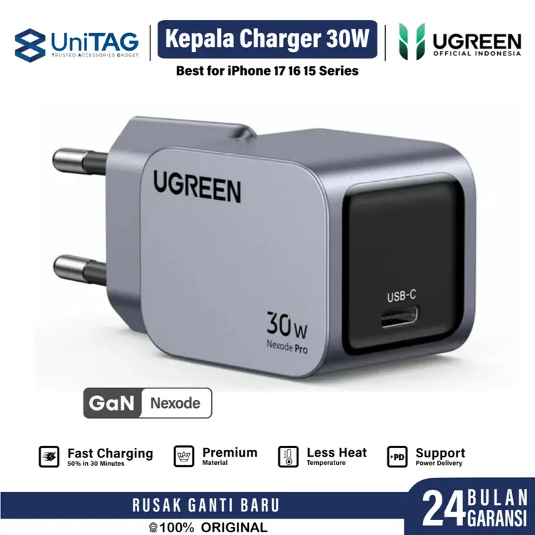 Kepala Charger for iPhone 17 16 15 Air Pro Max Plus Adaptor Kabel UGREEN 30W Type C Fast Charging