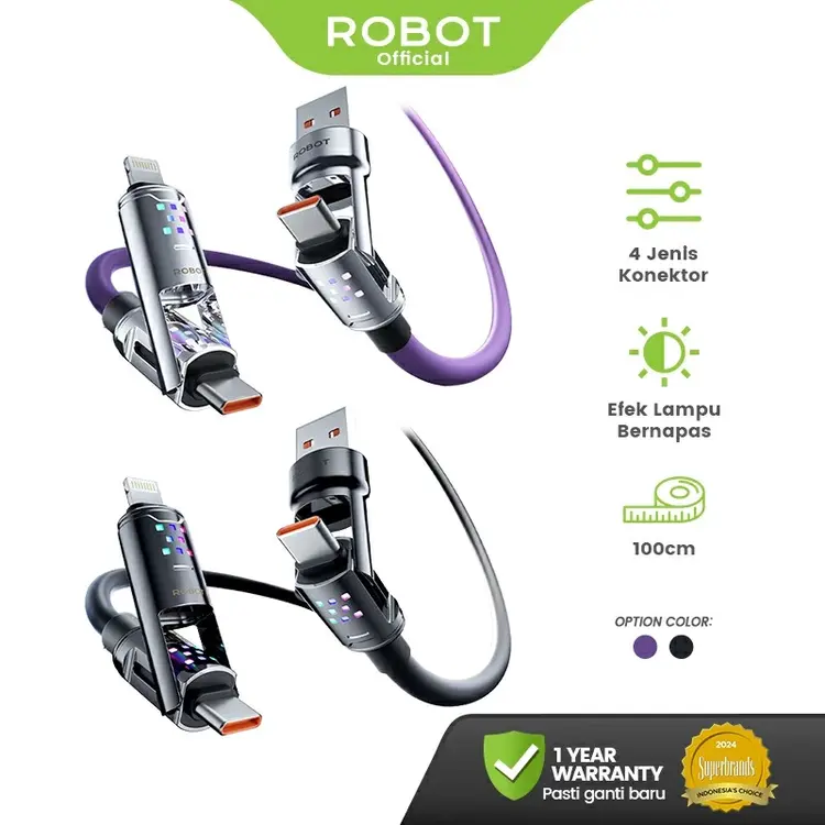 ROBOT Kabel Data Fast Charging 65W Kabel Konektor 4-in-1 100cm RGB Material Silikon Lentur Tahan Api RTF01 Original Garansi Resmi 1 Tahun