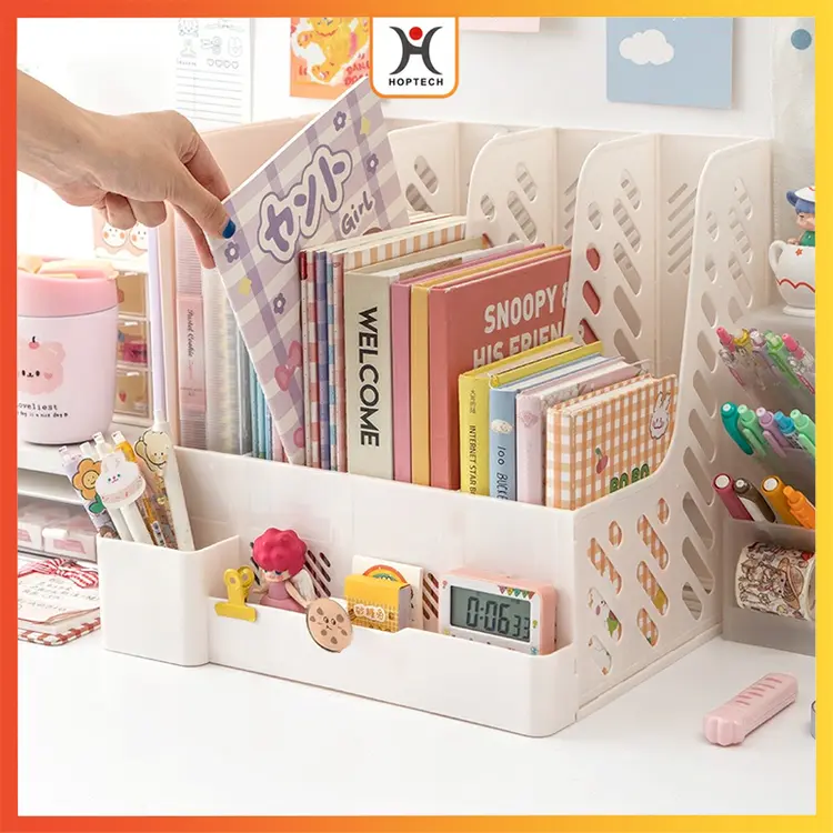 Hoptech - Rak Buku & File Organizer Meja Minimalis | Desktop Organizer Multifungsi dengan Laci Unik