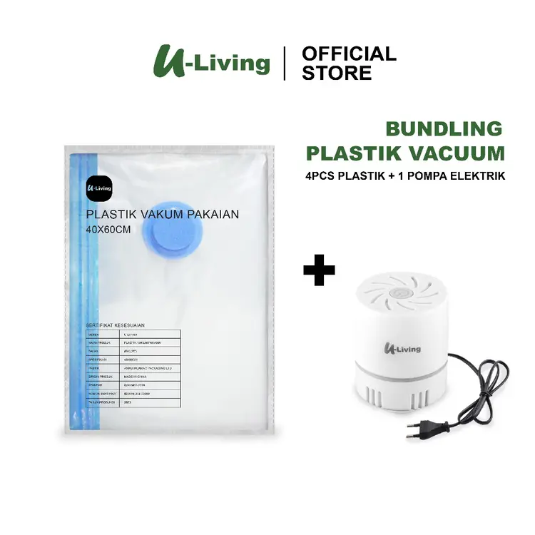U-Living Set 4pcs Plastik Vacuum Polos Biru dan 1pcs Pompa Elektrik Vakum Kompresi Pakaian Travel