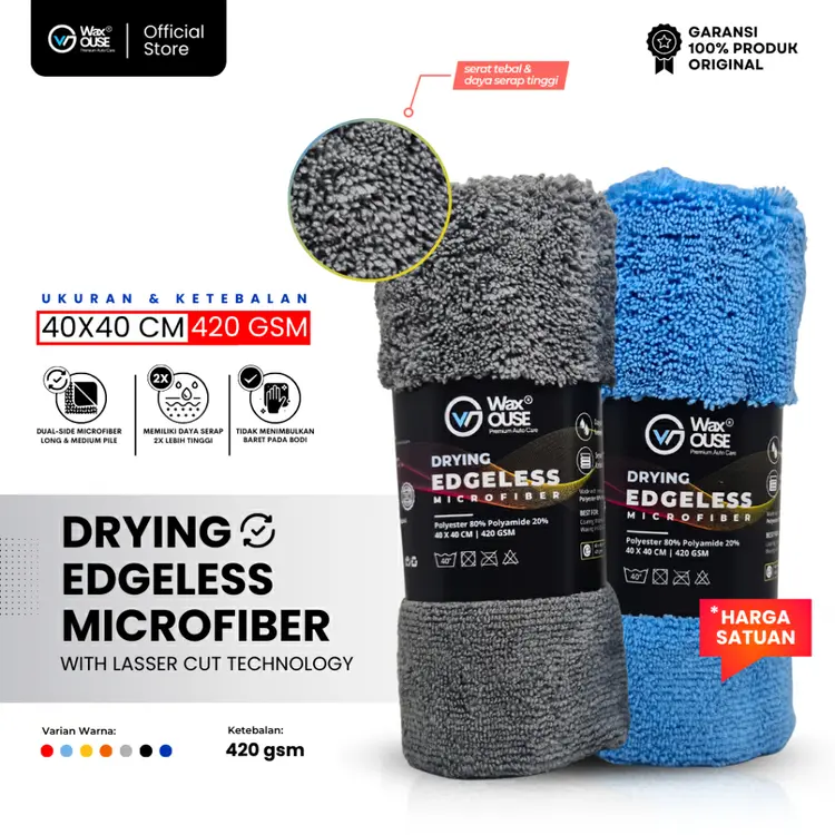 Waxouse Drying Edgeless Microfiber 420 Gsm Ukuran Besar 40x40cm Lap Microfiber Pengering Mobil Motor
