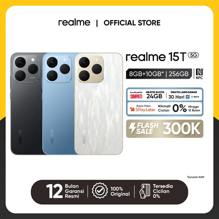 realme 15T 8GB+10GB* | 256GB (50MP Front & Rear AI Camera | 7000mAh Battery | 120Hz Amoled | Textured Matte 4R Design)
