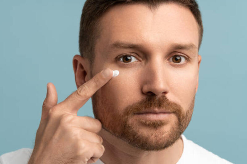 Pria muda dengan kulit sempurna menerapkan krim wajah dan anti penuaan di pipi dengan jari. Kecantikan pria