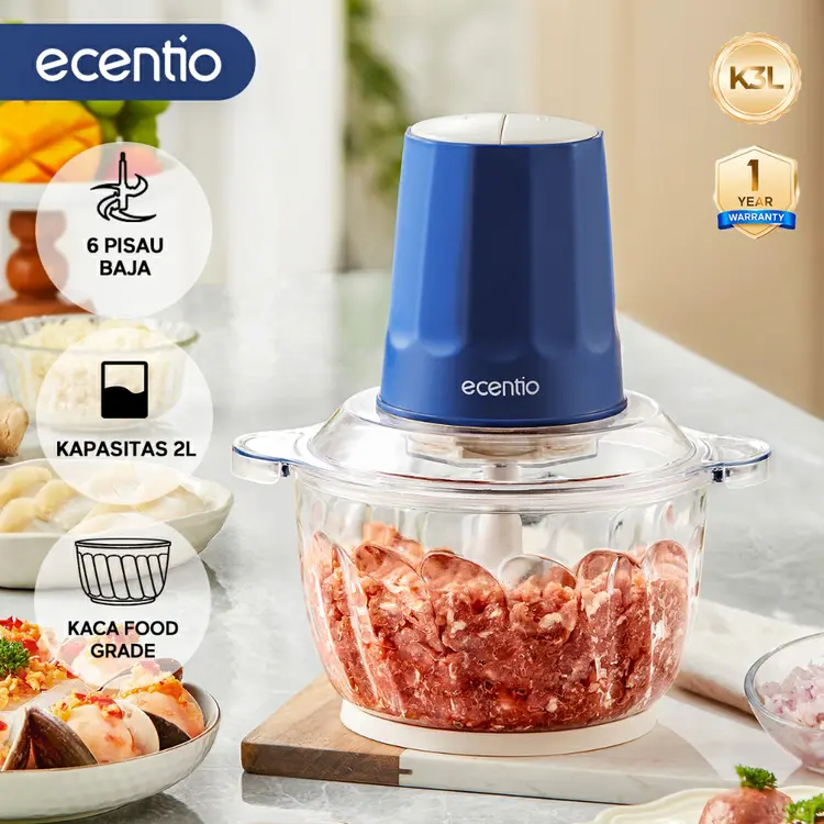 ecentio Food Processor Penggiling Daging Kaca 2L 6 Pisau Multifungsi Blender Kecepatan Meat Grinder Ganda Kapasitas Besar Food Grade Mesin Giling Daging Listrik Aman Untuk Keluarga